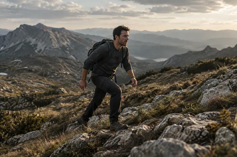 Homem subindo uma encosta rochosa com passos firmes em ambiente natural.